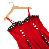 1950S Retro Red and Black Polka Dot Panel Spaghetti Strap Vintage Swing Dress