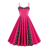 1950S Retro Red and Black Polka Dot Panel Spaghetti Strap Vintage Swing Dress