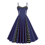 1950S Retro Red and Black Polka Dot Panel Spaghetti Strap Vintage Swing Dress