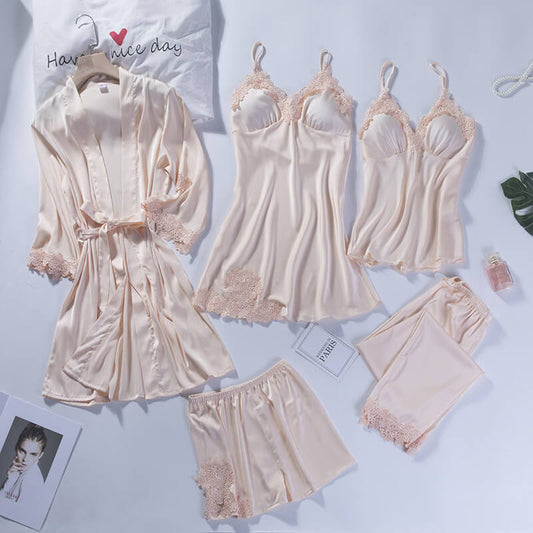 RosyQueen Silk 5 Piece Champagne Pajama Set