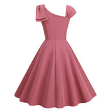 1950S Stylish One-Shoulder Pink A-Line Dress with Bow Detail
