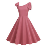 1950S Stylish One-Shoulder Pink A-Line Dress with Bow Detail
