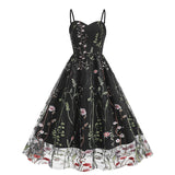 1950S Suspender embroidered mesh splicing Vintage dress