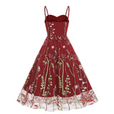 1950S Suspender embroidered mesh splicing Vintage dress