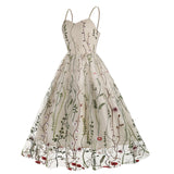 1950S Suspender embroidered mesh splicing Vintage dress