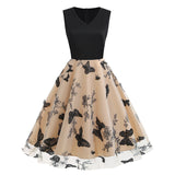 1950S V-Neck Butterfly Embroidered Sleeveless Vintage Dress