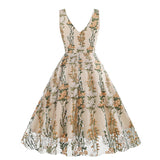 1950S V-Neck Sleeveless Havy Embroidery Retro 50S dress Hepburn Vintage Dress